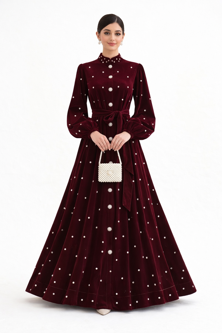 pearl-embellished velvet midi dress with waist tie – CELESTE