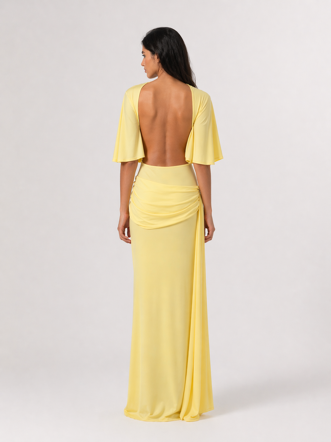 Yellow Ruched Maxi Dress with Flowy Sleeves - SOLARA