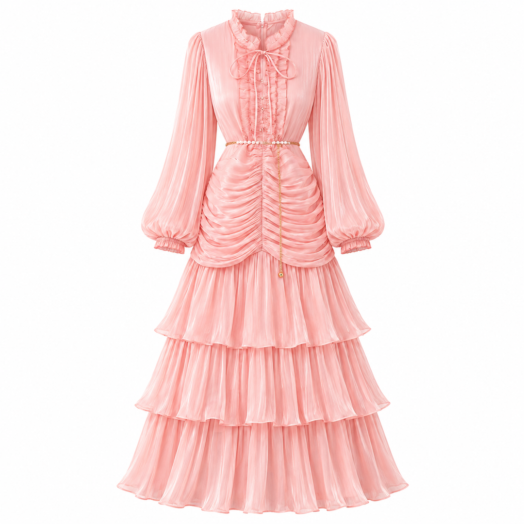 Elegant Ruched Chiffon Midi Dress - Romantic