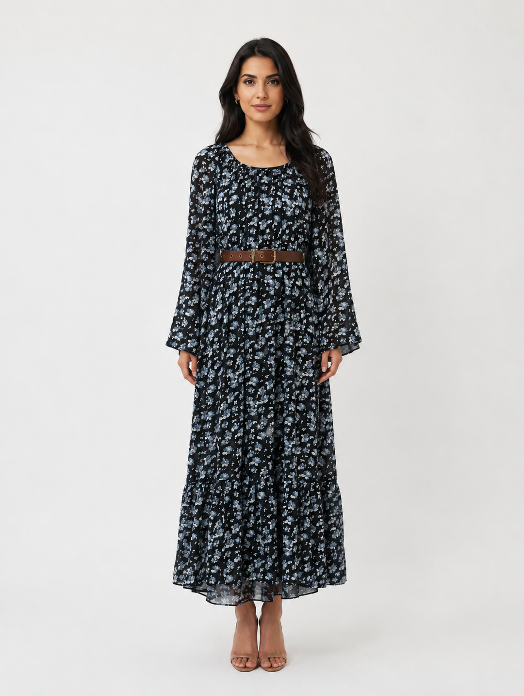Midnight Blossom Chiffon Maxi Dress - Serenity