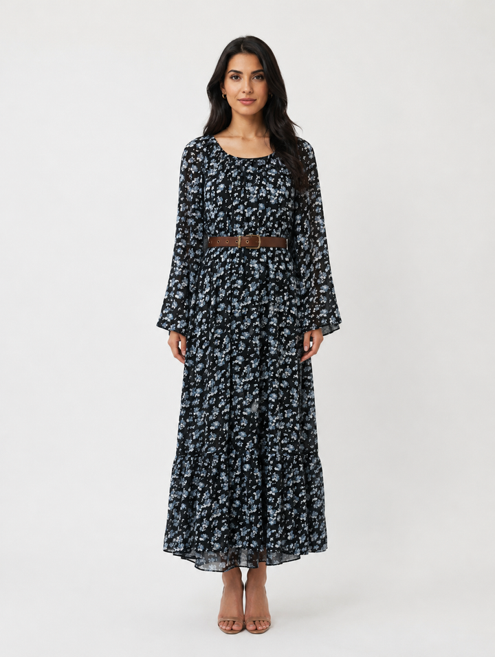 Midnight Blossom Chiffon Maxi Dress - Serenity