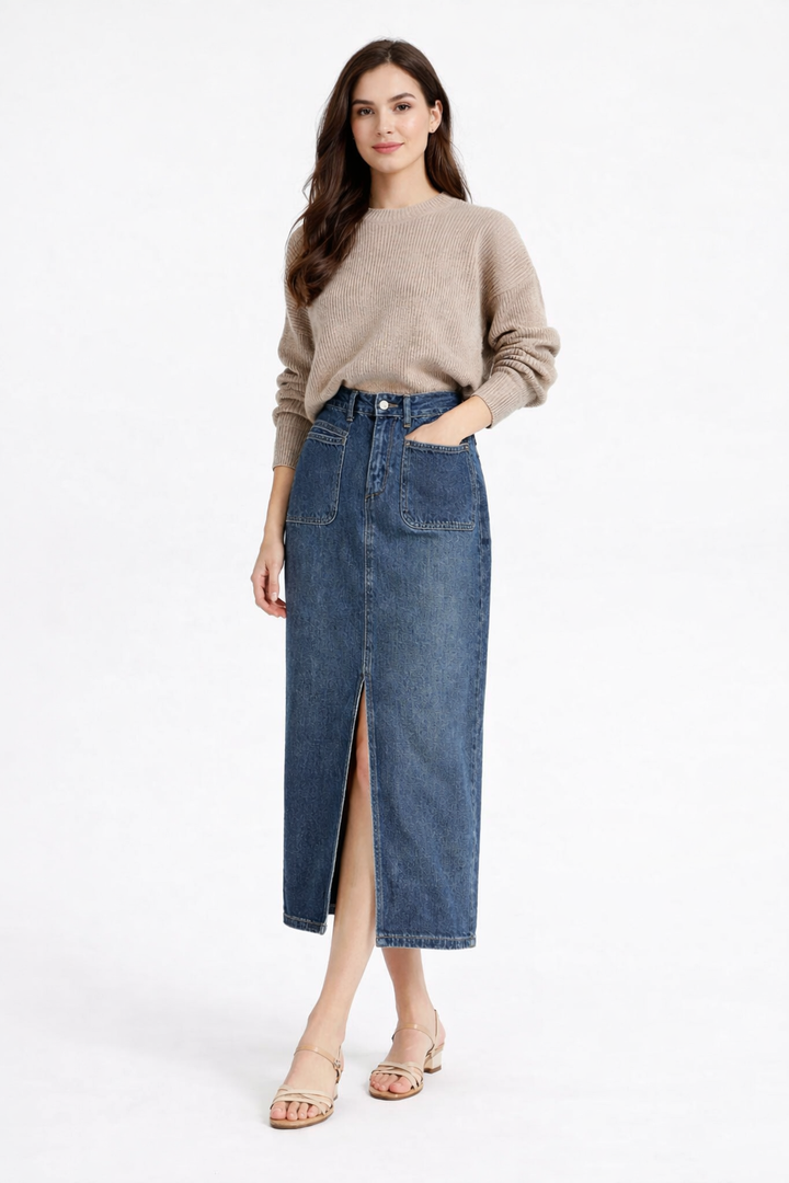 high-waisted denim midi skirt with front slit – SIENNA