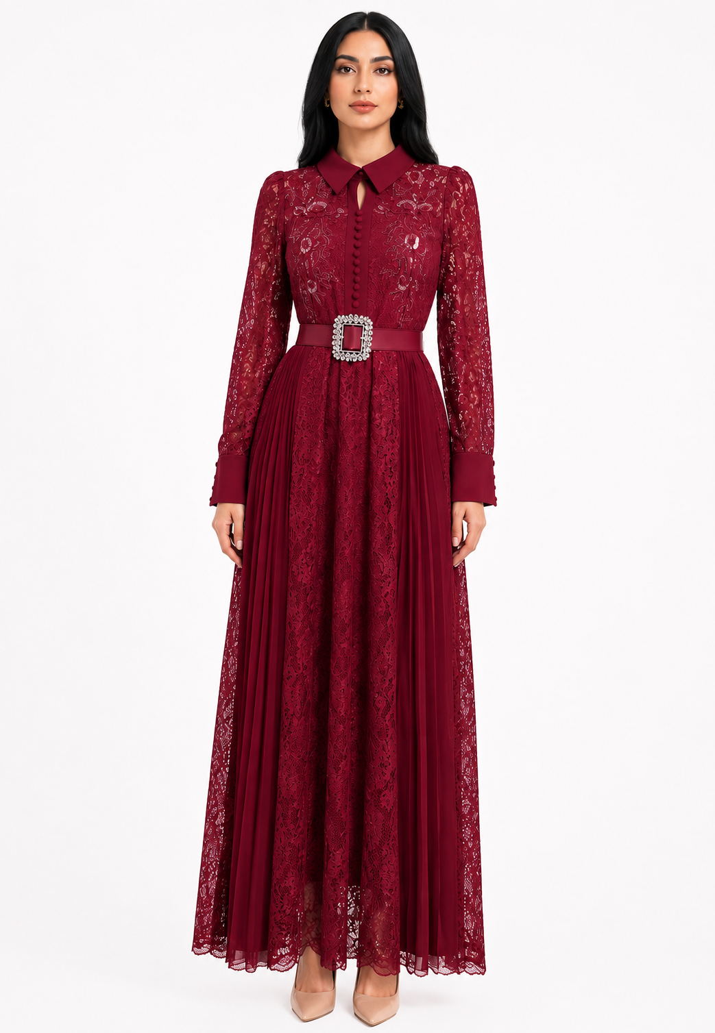 Golden Lace Pleated Maxi Dress - Majesty
