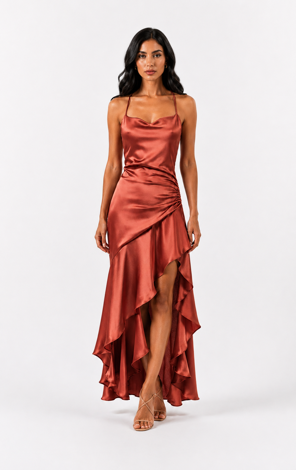 Ruby Satin High-Low Evening Dress — Scarlet