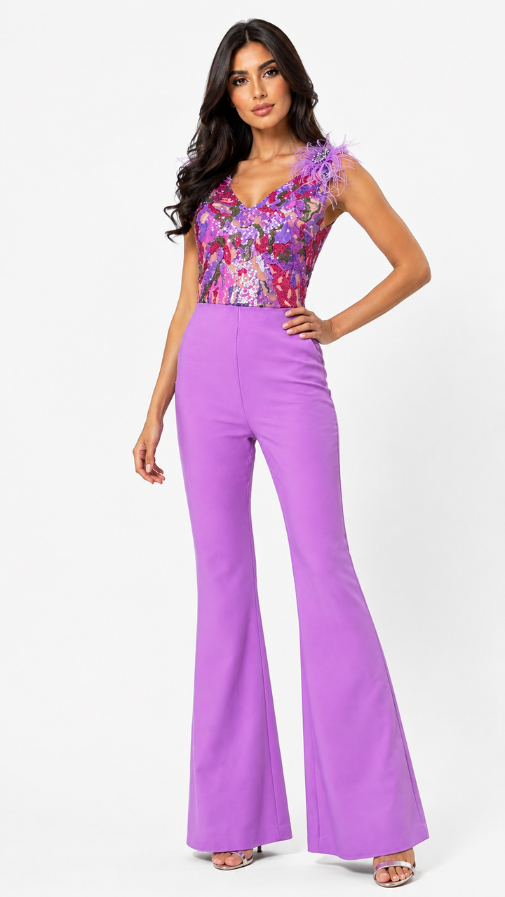 Lilac Sequin Feather Jumpsuit - Amora