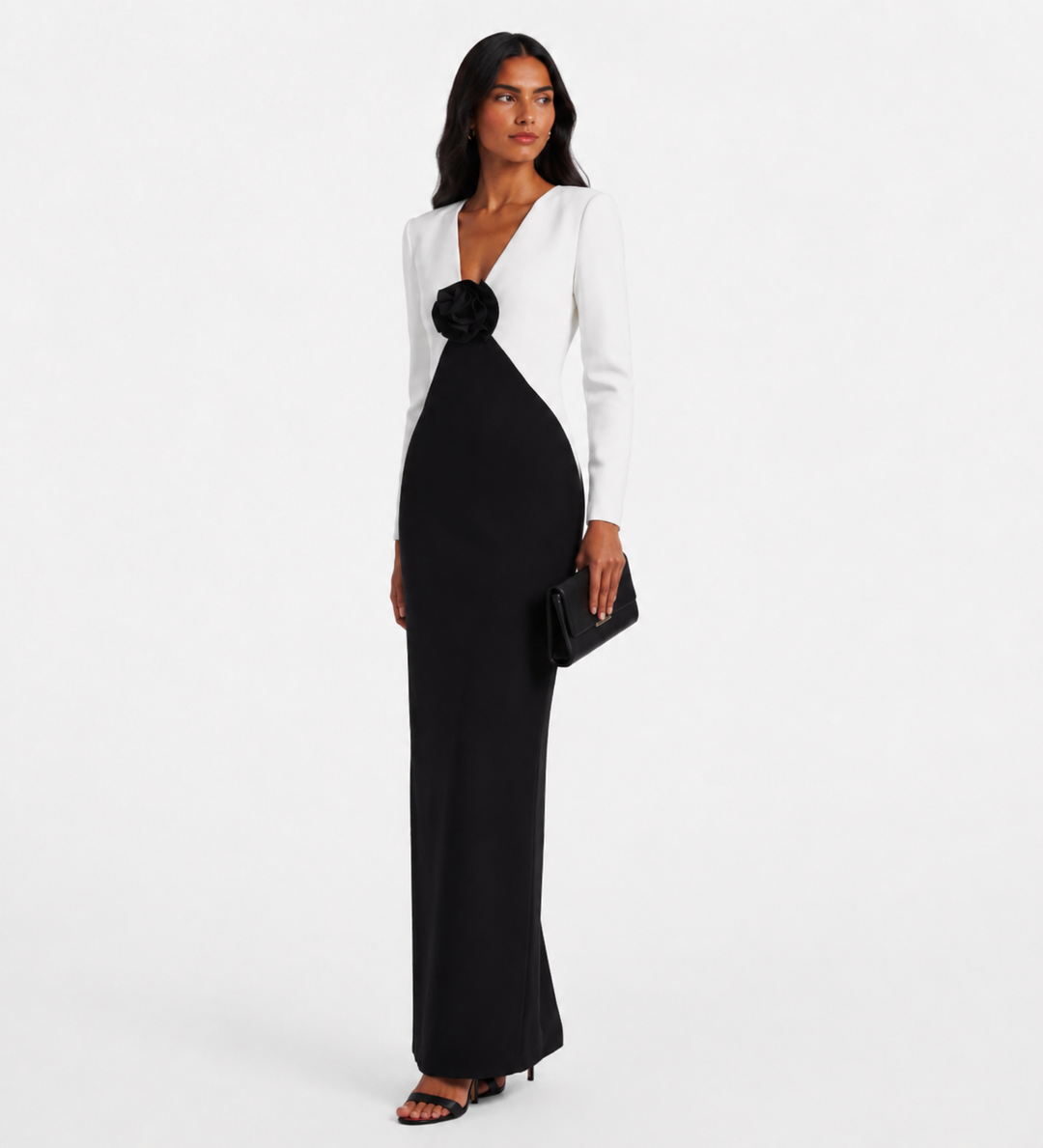 Black & White Rose Detail Evening Gown - Monique