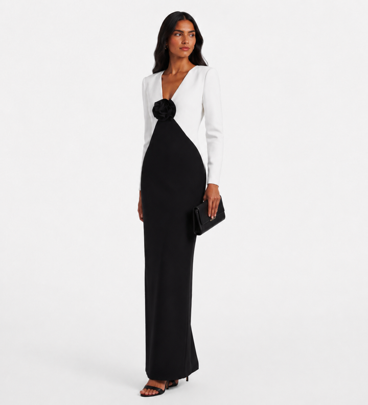 Black & White Rose Detail Evening Gown - Monique