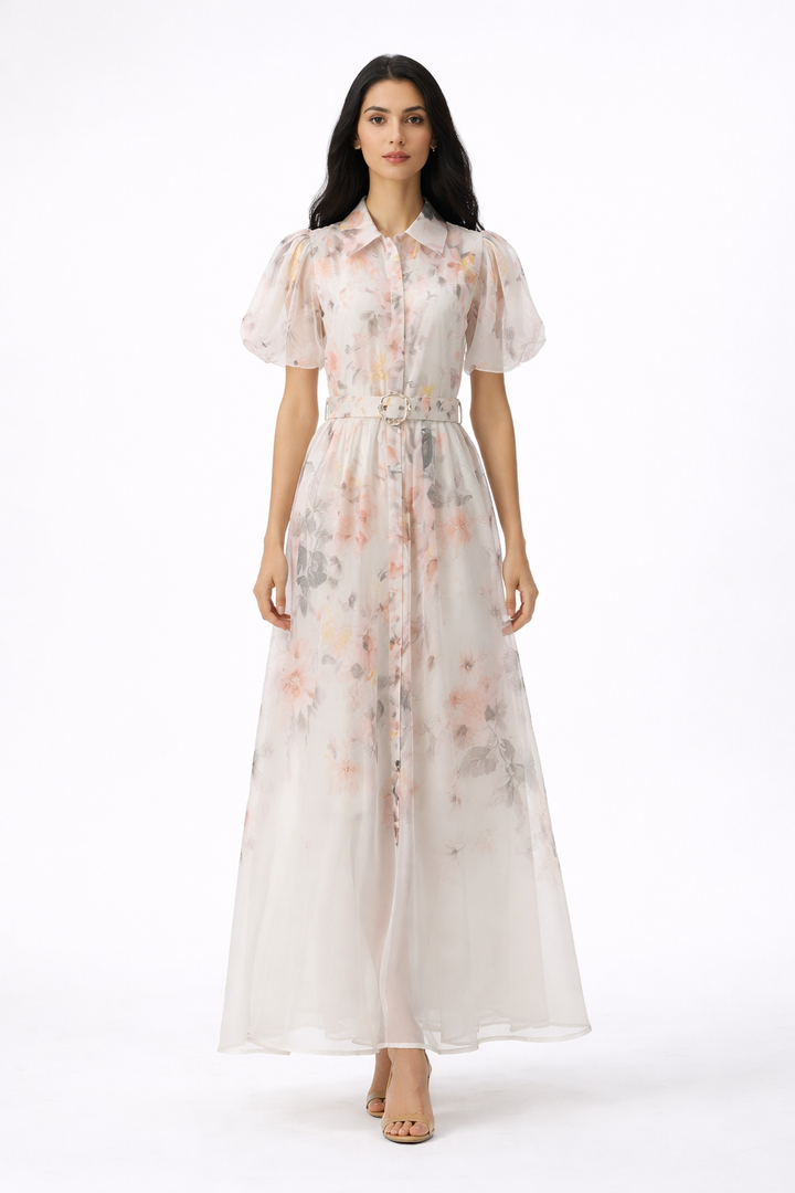 sheer floral maxi dress with puff sleeves and belt – BLOSSOM