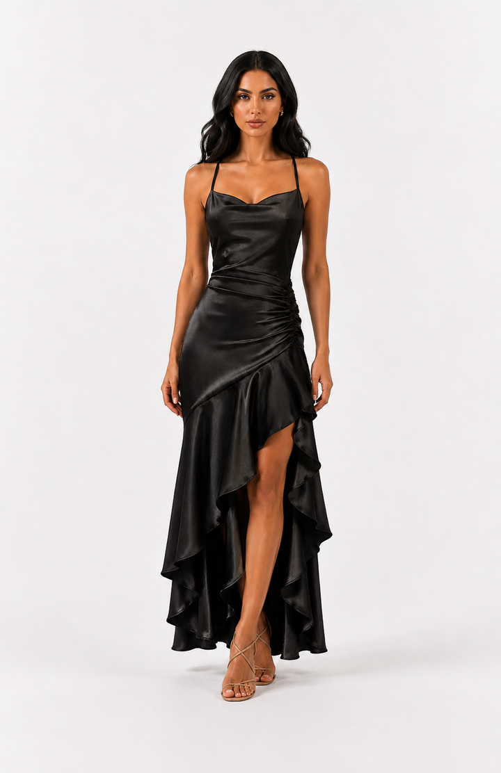 Ruby Satin High-Low Evening Dress — Scarlet