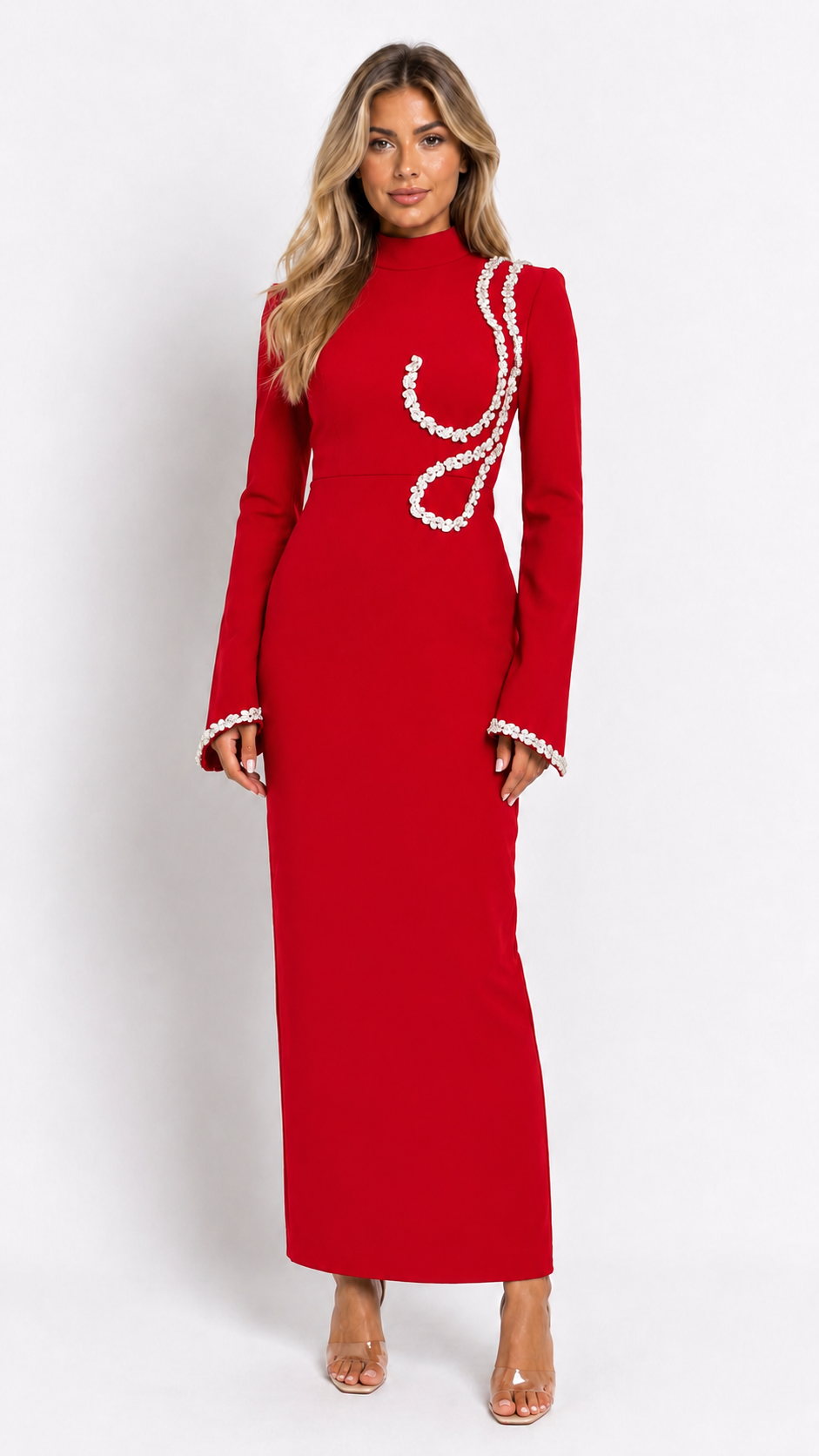 Crystal Trim High-Neck Midi Dress - Elegance