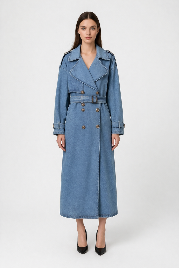 Denim Belted Trench Coat-XOLA