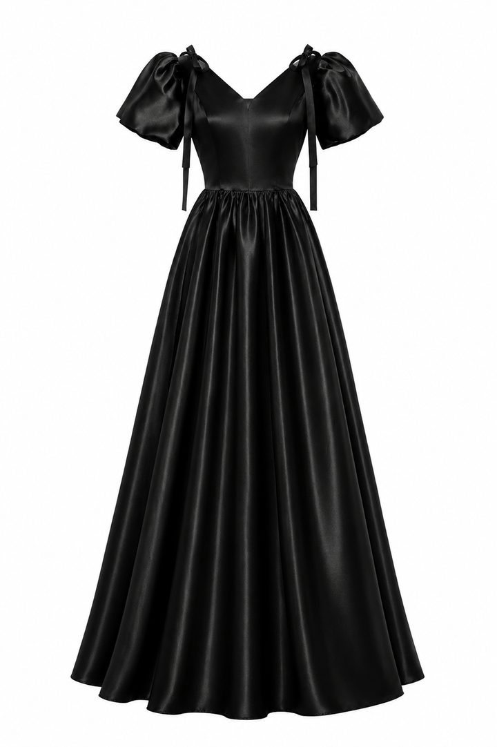 Satin Puff Sleeve Ball Gown - Noir