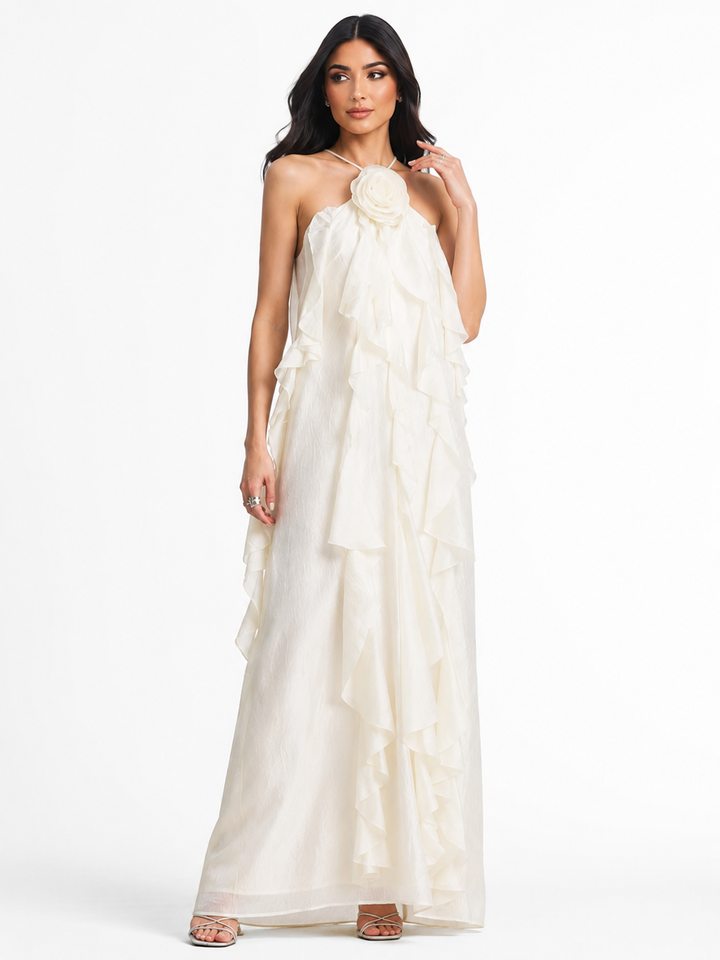 Ivory Floral Ruffle Halter Maxi Dress – Camellia