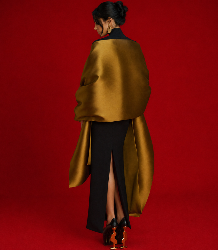 high-neck column gown with sculpted satin sleeves - LYANA