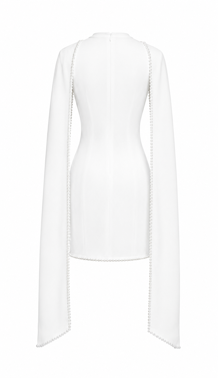 White Pearl-Trim Cape Mini Dress – Pearl