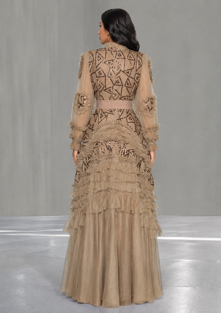 Gold Embellished Ruffle Evening Gown – Aurelia
