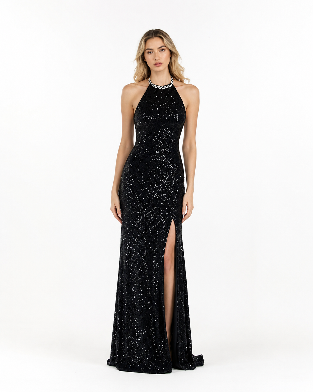 Black Sequin Halter Evening Gown – Starlight