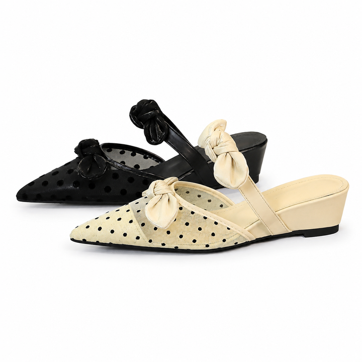 Polka-Dot Bow Wedge Mules – Ivory