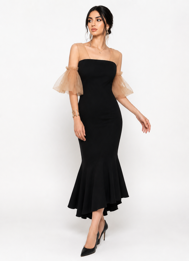 Black Tulle Sleeve Mermaid Midi Dress – Élan