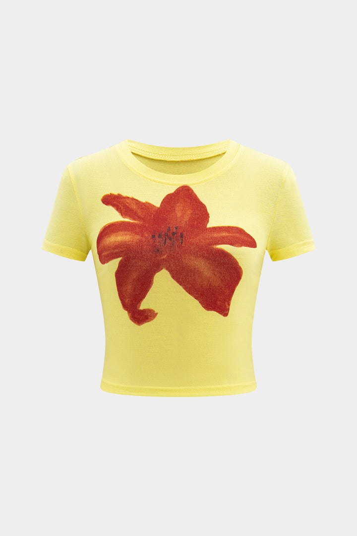 Floral Contrast Print Round Neck Short Sleeve T-Shirt