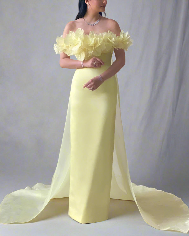Off-shoulder column dress with floral neckline and chiffon train – LEMONIA-1