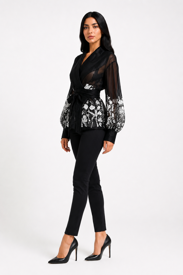 Black Sheer Floral Wrap Blouse – NOIRÉLLE