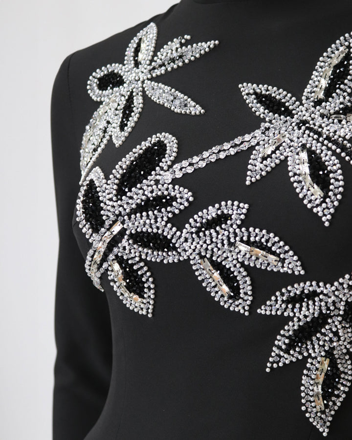 Long sleeve column dress with beaded flowers-Itab