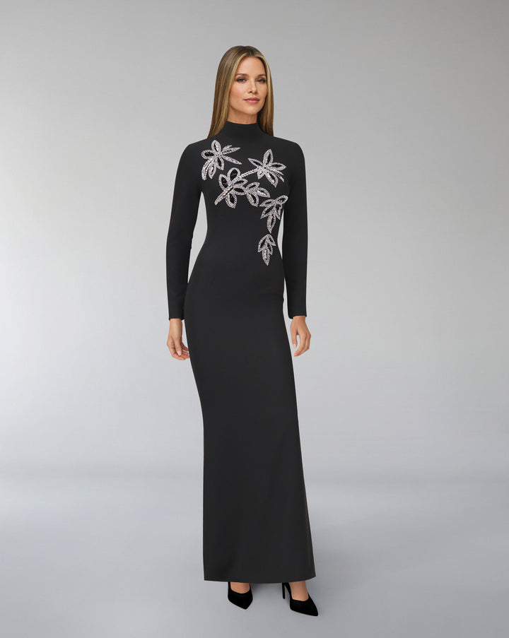 Long sleeve column dress with beaded flowers-Itab