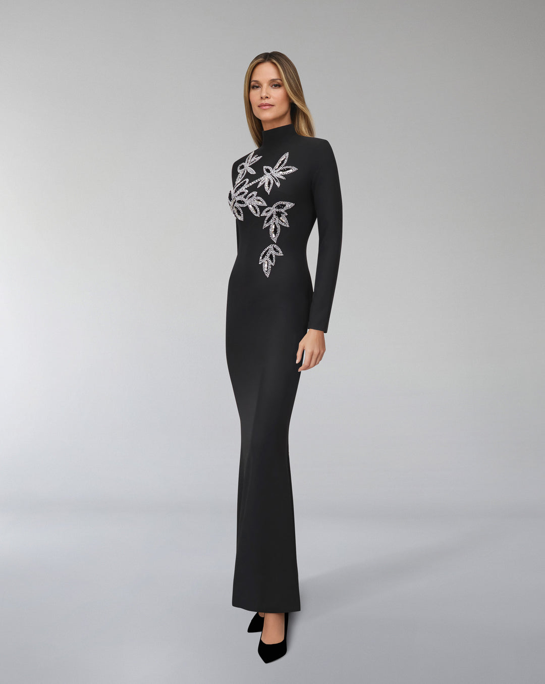 Long sleeve column dress with beaded flowers-Itab