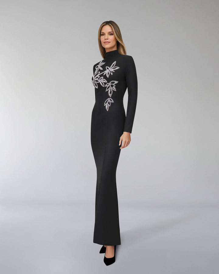 Long sleeve column dress with beaded flowers-Itab