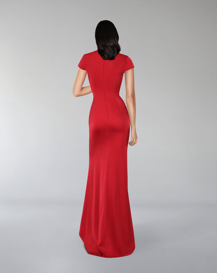 Short sleeve draped dress with 3D flower