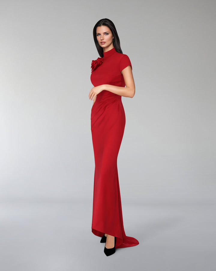 Short sleeve draped dress with 3D flower