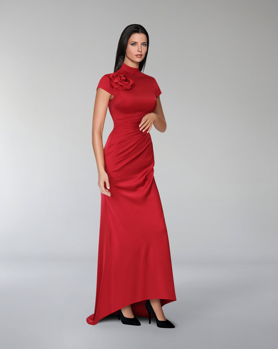 Short sleeve draped dress with 3D flower