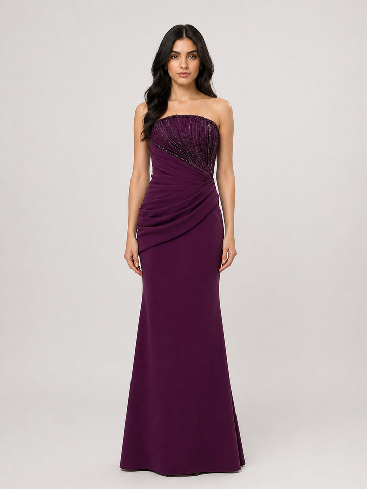 Plum Strapless Evening Gown with Beaded Bodice & Draped Detail – VELORA