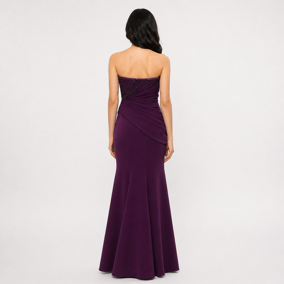 Plum Strapless Evening Gown with Beaded Bodice & Draped Detail – VELORA