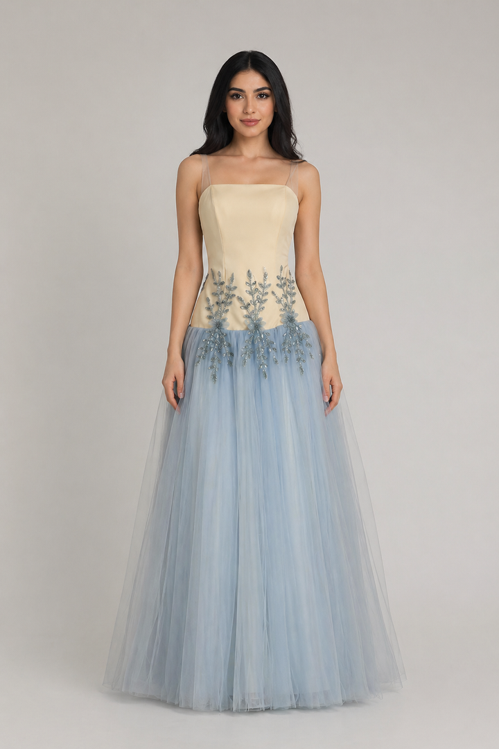 Beige & Dusty Blue Tulle Evening Dress with Floral Embroidery – AZURÉ