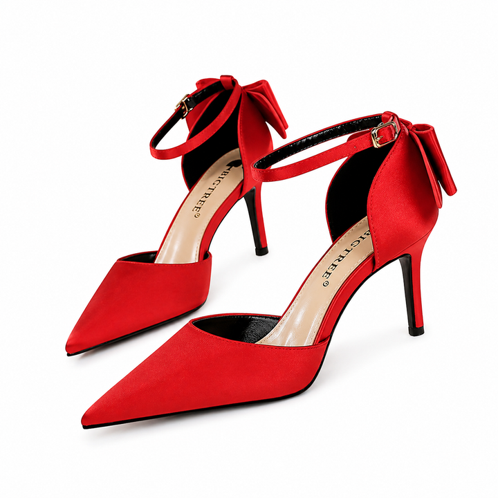 Fuchsia Satin Pointed-Toe Heels with Ankle Strap Bow – ROSÉVA