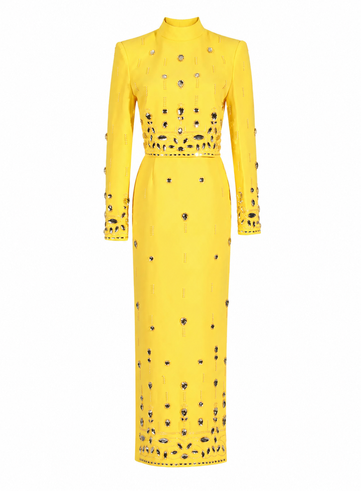 Radiant Crystal Embellished High Neck Maxi Dress - Sunshine