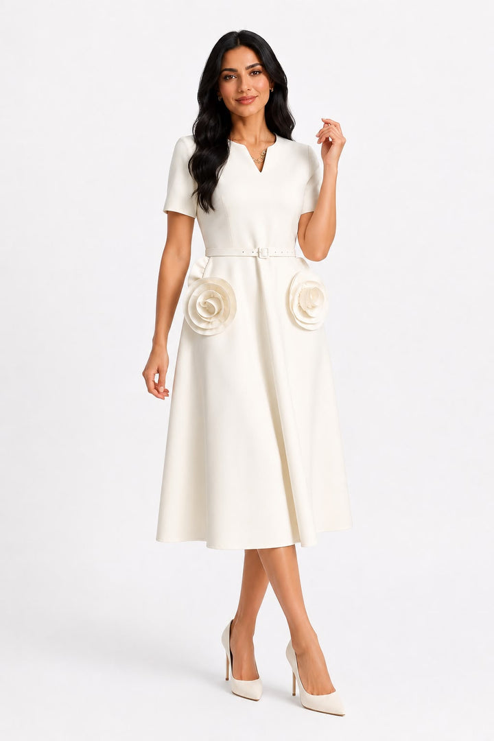 Rose Appliqué Belted Midi Dress - Pearl