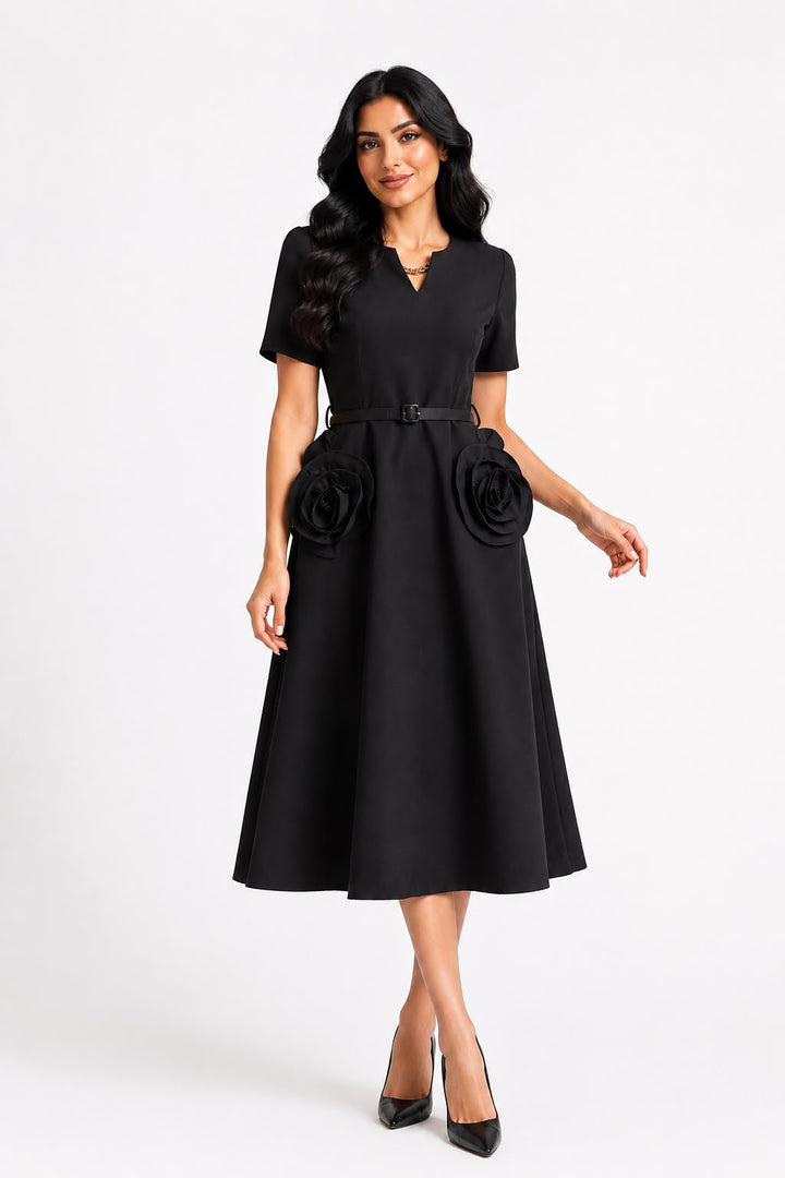 Rose Appliqué Belted Midi Dress - Pearl