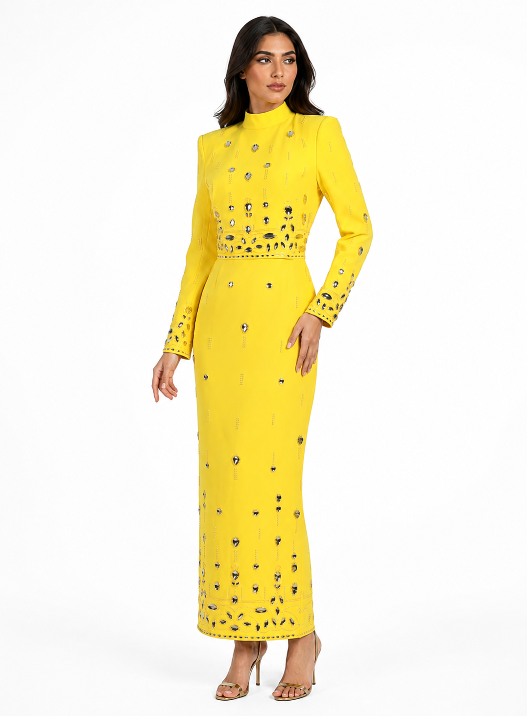 Radiant Crystal Embellished High Neck Maxi Dress - Sunshine