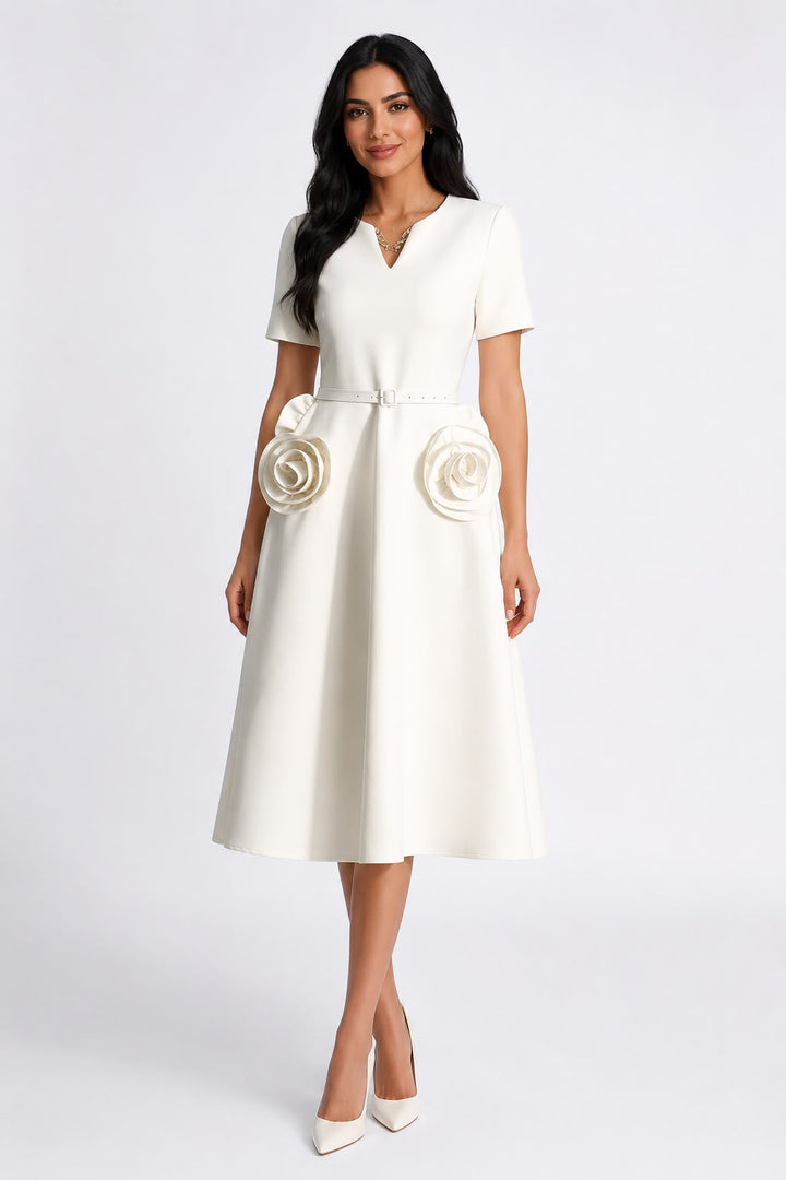 Rose Appliqué Belted Midi Dress - Pearl