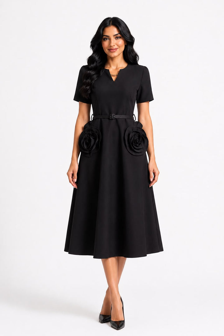 Rose Appliqué Belted Midi Dress - Pearl
