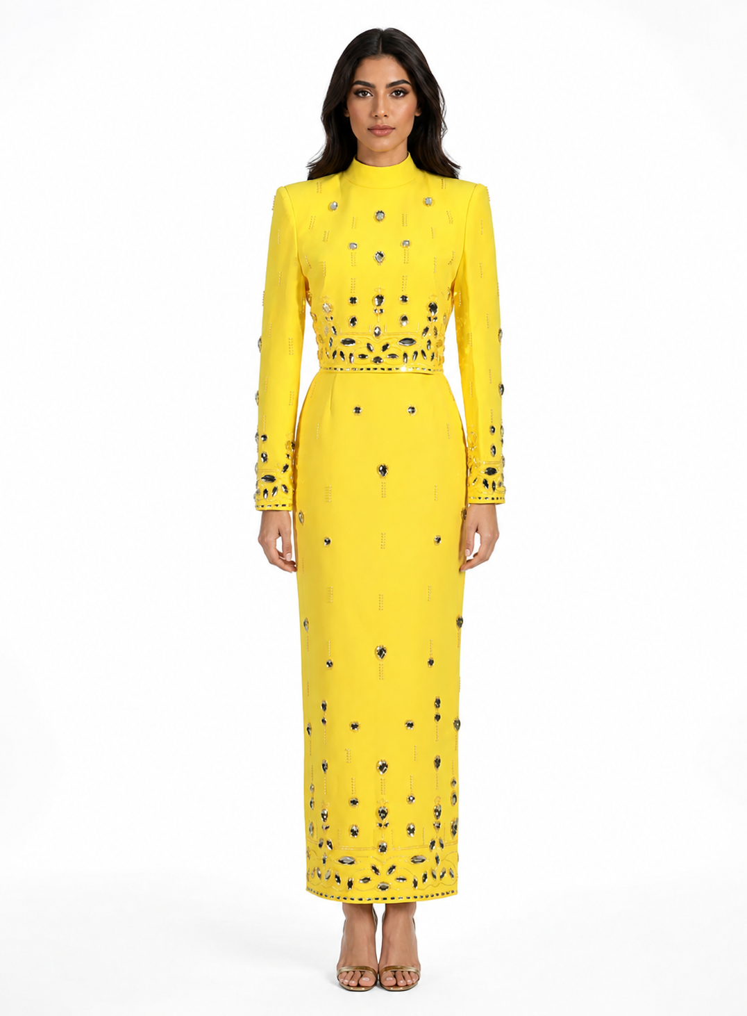 Radiant Crystal Embellished High Neck Maxi Dress - Sunshine