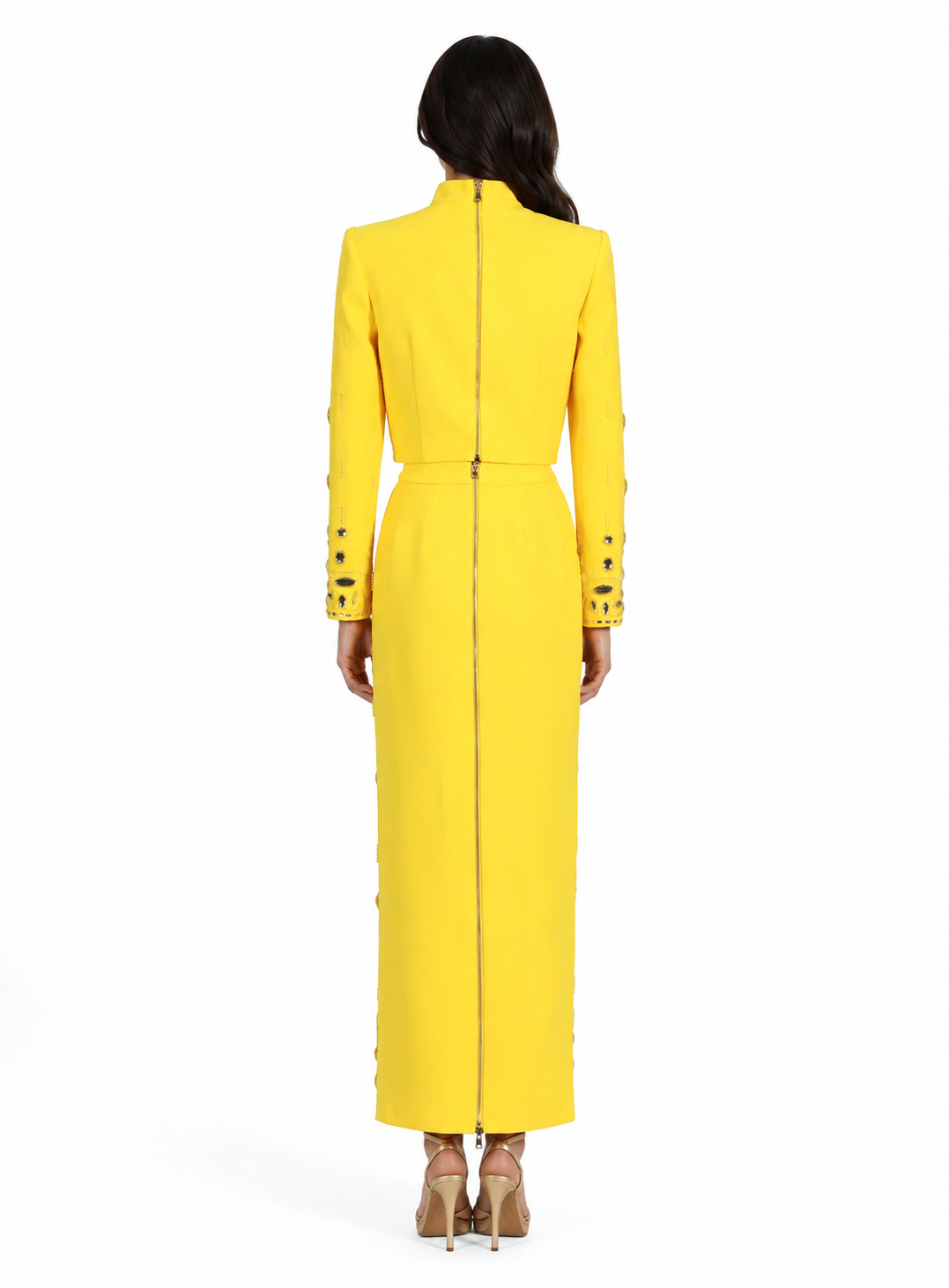 Radiant Crystal Embellished High Neck Maxi Dress - Sunshine