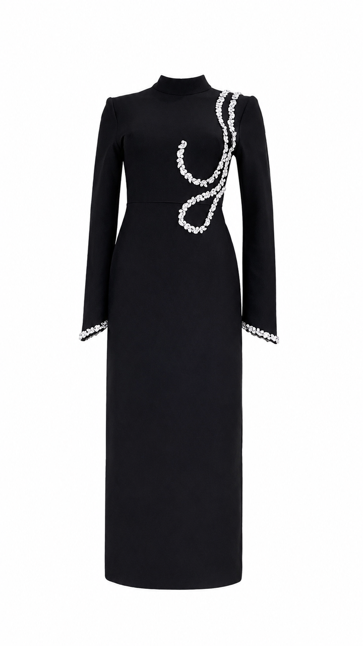 Crystal Trim High-Neck Midi Dress - Elegance