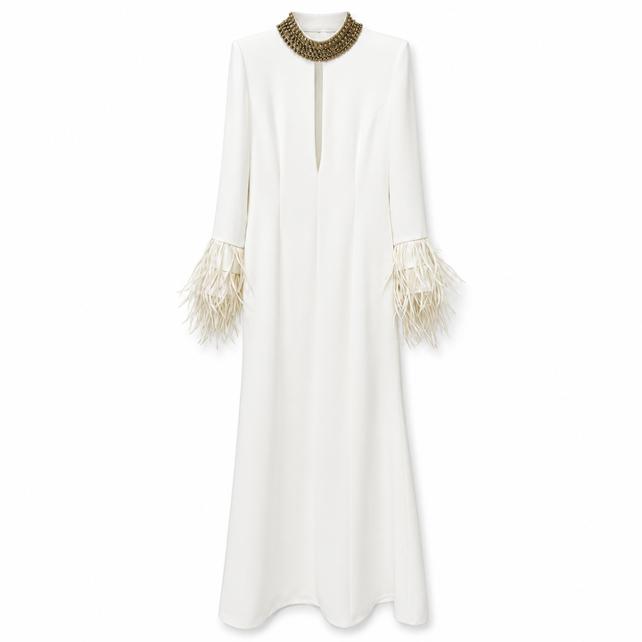 Embellished Collar Feather Sleeve Maxi Dress - Classic