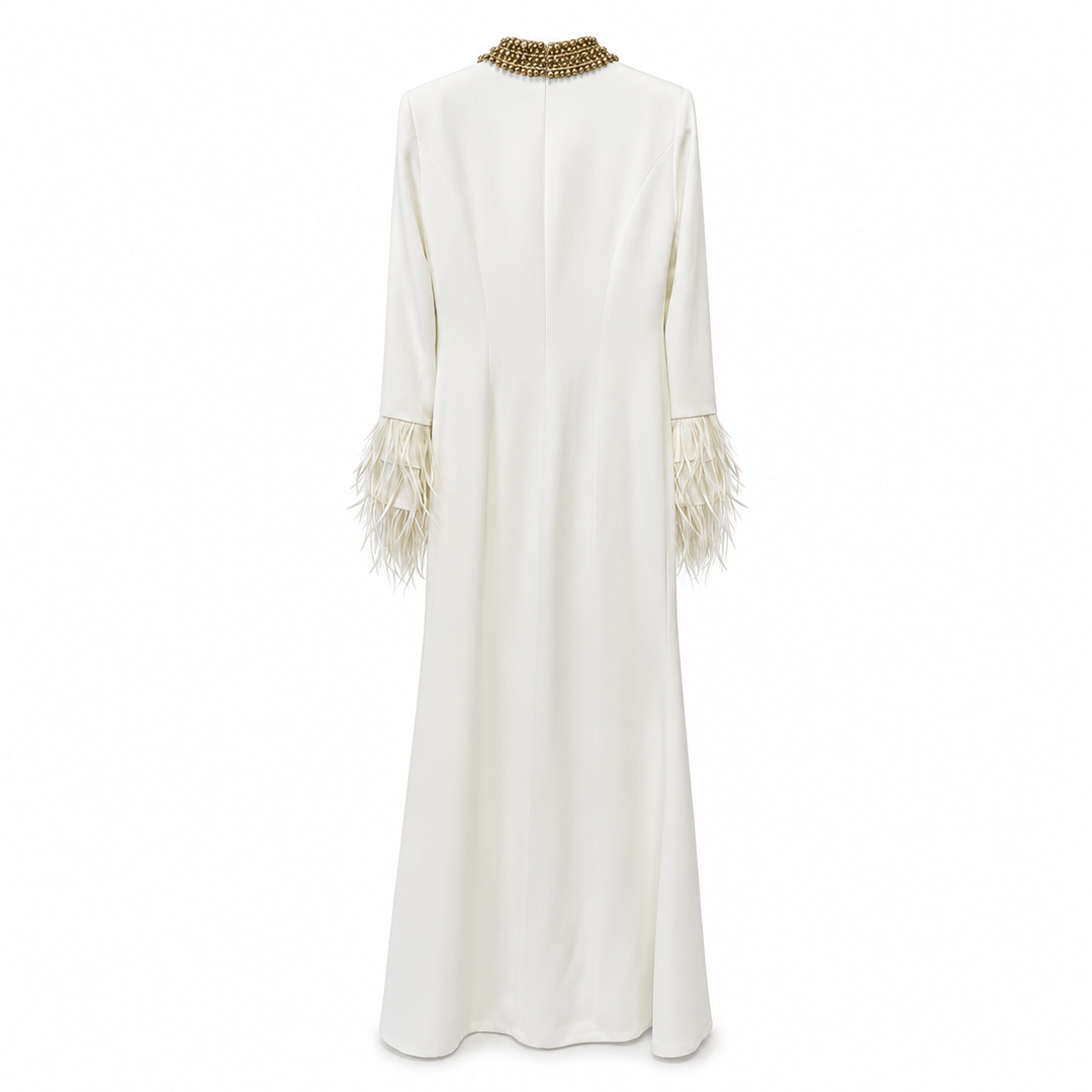 Embellished Collar Feather Sleeve Maxi Dress - Classic
