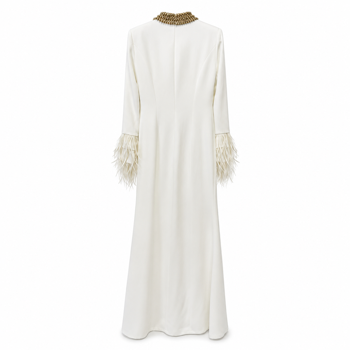 Embellished Collar Feather Sleeve Maxi Dress - Classic