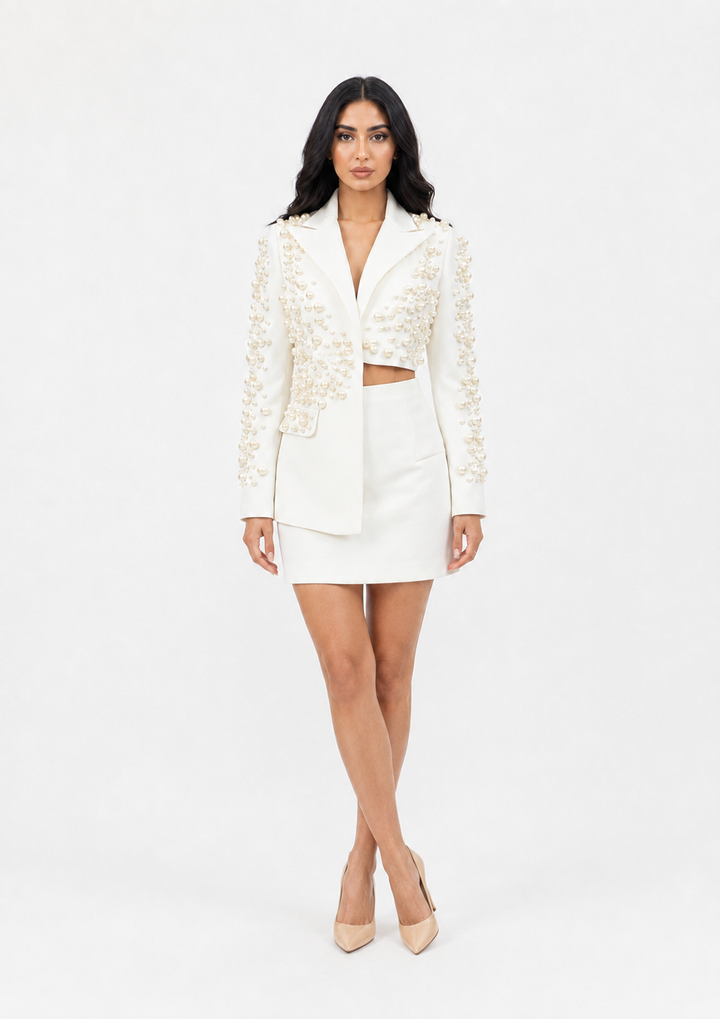 Black Pearl-Embellished Blazer Mini Dress – Prestige